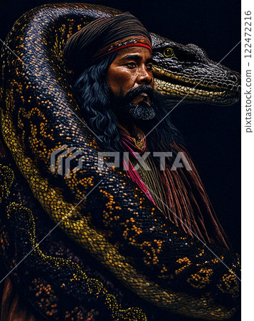 Peruvian shaman with a huge snake Peruvian shaman with a huge snake 122472216