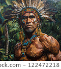 Brutal Peruvian shaman in the jungle with feathers on his head and earrings in his ears 122472218