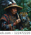 Brutal Peruvian shaman in the jungle with feathers on his head and earrings in his ears 122472220