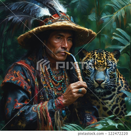 Brutal Peruvian shaman in the jungle with feathers on his head and earrings in his ears 122472220