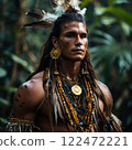 Brutal Peruvian shaman in the jungle with feathers on his head and earrings in his ears 122472221
