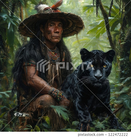 Brutal Peruvian shaman in the jungle with feathers on his head and earrings in his ears Brutal Peruvian shaman in the jungle with feathers on his head and earrings in his ears 122472222