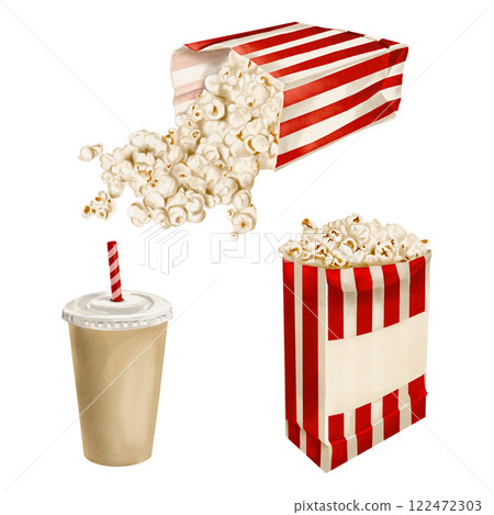 popcorn and drink. A set of snacks for a movie or party. glass with drink and straw. Popcorn in a striped paper bag. Scattered food. Packaging with space for writing. Set of watercolor illustrations . 122472303