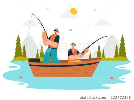 Fishing Leisure Vector Illustration featuring a Fishing Experience with Sport Angler and Bait from the Lake Shore and on a Boat in an Recreation Fishing Leisure Vector Illustration featuring a Fishing Experience with Sport Angler and Bait from the Lake Shore and on a Boat in an Recreation 122472368