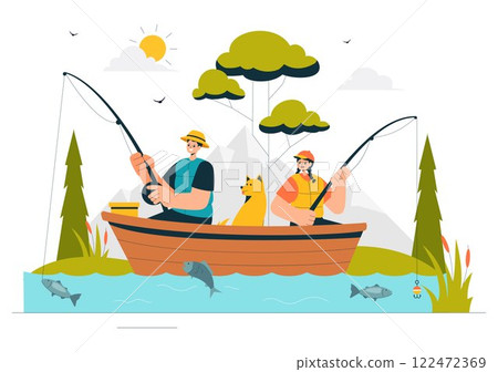 Fishing Leisure Vector Illustration featuring a Fishing Experience with Sport Angler and Bait from the Lake Shore and on a Boat in an Recreation 122472369