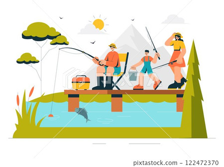 Fishing Leisure Vector Illustration featuring a Fishing Experience with Sport Angler and Bait from the Lake Shore and on a Boat in an Recreation 122472370