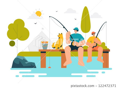 Fishing Leisure Vector Illustration featuring a Fishing Experience with Sport Angler and Bait from the Lake Shore and on a Boat in an Recreation 122472371