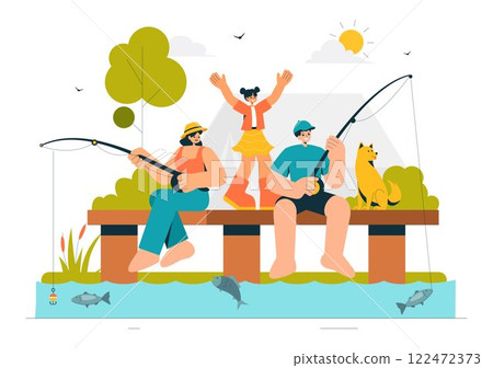 Fishing Leisure Vector Illustration featuring a Fishing Experience with Sport Angler and Bait from the Lake Shore and on a Boat in an Recreation 122472373