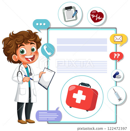 Cheerful Doctor with Medical Icons Cheerful Doctor with Medical Icons 122472397
