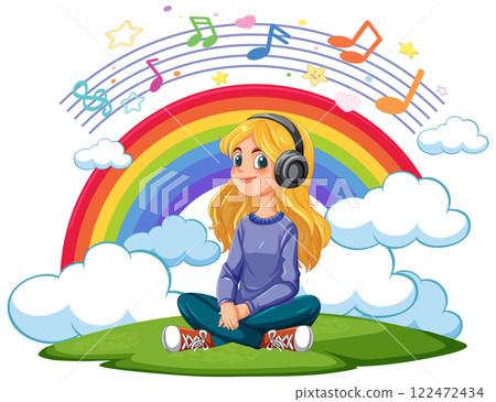 Girl Enjoying Music Under a Rainbow Girl Enjoying Music Under a Rainbow 122472434