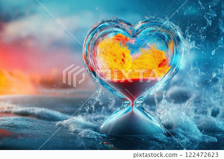 A heart made of sand is in a glass with water 122472623