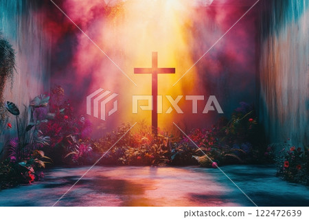 A cross is lit up in a room with flowers and plants 122472639