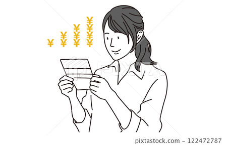 Illustration of a smiling woman looking at her bankbook 122472787