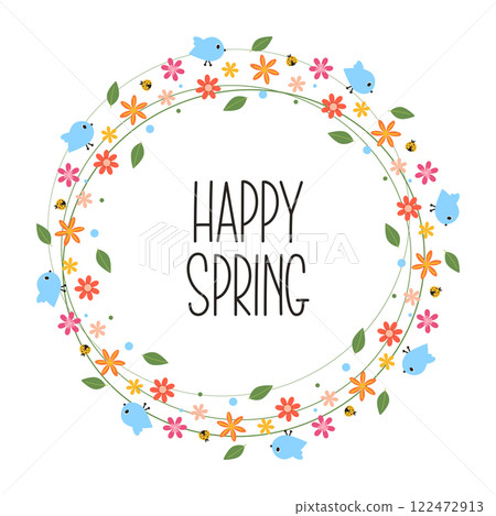 Happy Spring Lettering. Floral round wreath with bird, insects, flowers, green leaves. Decorative elements for greeting card, invitation, banner, sale, scrapbooking. 122472913