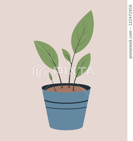 Green sprout in a blue pot. Spring seedlings for the garden. Element for design, decoration, postcard, banner, sticker, scrapbooking. Green sprout in a blue pot. Spring seedlings for the garden. Element for design, decoration, postcard, banner, sticker, scrapbooking. 122472916