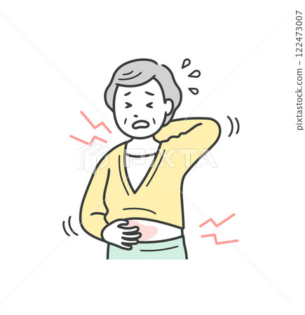 一位老年婦女的上半身因全身發癢而面容憔悴的插圖 122473007