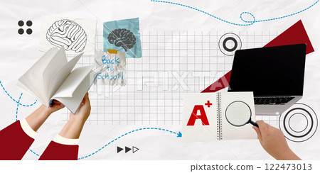 Back to school collage featuring hands with a book and educational elements, vector illustration 122473013