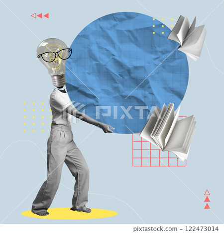 Creative education collage featuring a student with a light bulb head and books, vector illustration Creative education collage featuring a student with a light bulb head and books, vector illustration 122473014