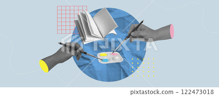 Hands creating a collage art with paints and brushes in an educational context, vector illustration 122473018