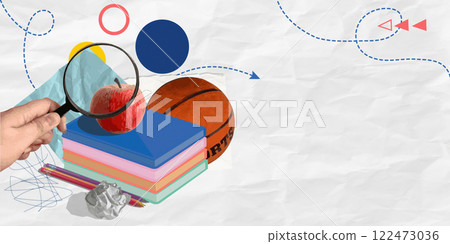 Creative collage featuring a hand with a magnifying glass over books and an apple, vector illustration Creative collage featuring a hand with a magnifying glass over books and an apple, vector illustration 122473036