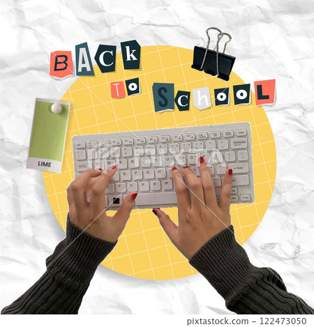 Back to school collage featuring a computer keyboard and organization tools, vector illustration 122473050