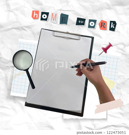 Back to school homework collage featuring a blank clipboard and study tools, vector illustration 122473051