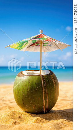 refreshing coconut drink with colorful umbrella on sandy beach 122473058