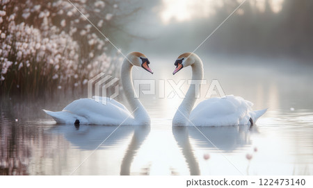 Graceful swans swimming in serene pond surrounded by soft mist and flowers Graceful swans swimming in serene pond surrounded by soft mist and flowers 122473140