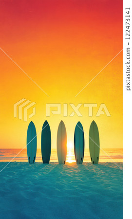 Sunset over beach with surfboards lined up, creating vibrant scene 122473141
