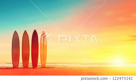 Surfers boards lined up against vibrant sunset at beach Surfers boards lined up against vibrant sunset at beach 122473142
