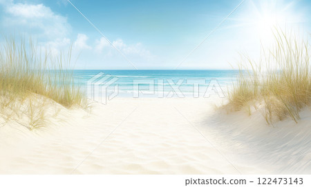 serene sandy pathway leads to tranquil beach with gentle waves 122473143