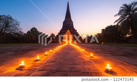 candlelight procession leads to grand temple at sunset, creating serene atmosphere candlelight procession leads to grand temple at sunset, creating serene atmosphere 122473145