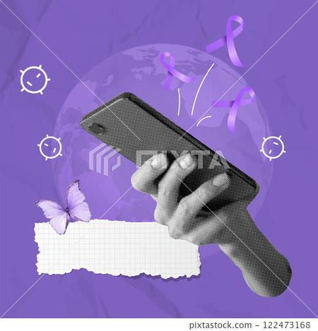 Hand holding smartphone to raise awareness for World Cancer Day celebration, vector illustration 122473168
