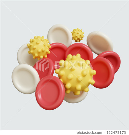 3D render illustration of red and white blood cells with virus models for cancer awareness. 3D render illustration of red and white blood cells with virus models for cancer awareness. 122473173