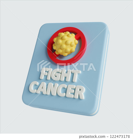 3D render illustration of a badge displaying 'Fight Cancer' with a virus icon. 122473178