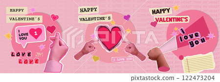 Valentine Day collage featuring love gestures, hearts, and colorful messages Vector illustration 122473204