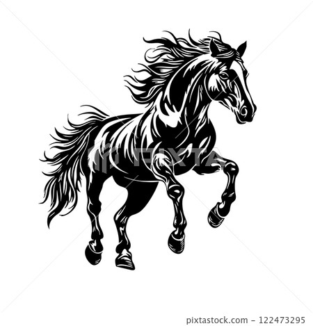 Elegant black and white illustration of a prancing stallion featuring decorative flowing lines and dramatic movement, perfect for horse logos and artistic designs in vector format. Elegant black and white illustration of a prancing stallion featuring decorative flowing lines and dramatic movement, perfect for horse logos and artistic designs in vector format. 122473295