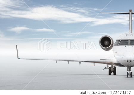 Front view of the luxury corporate airplane isolated on bright background with sky Front view of the luxury corporate airplane isolated on bright background with sky 122473307