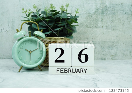 Wooden Calendar Showing the Date of February 26th. Day 26 of February month 122473545