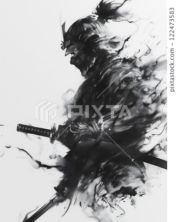 A dynamic ink painting of a samurai 122473583