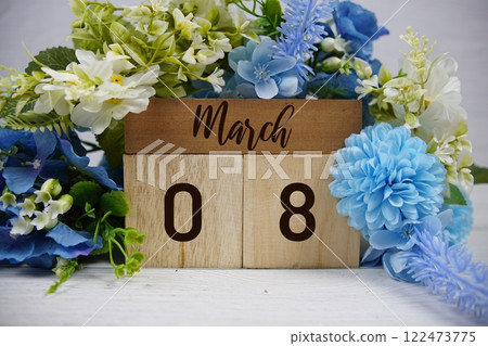 Wooden Calendar Showing the Date of March 8th. Day 8 of March month 122473775