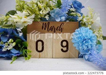 Wooden Calendar Showing the Date of March 9th. Day 9 of March month Wooden Calendar Showing the Date of March 9th. Day 9 of March month 122473776
