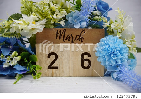 Wooden Calendar Showing the Date of March 26th. Day 26 of March month 122473793