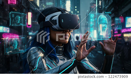 Futuristic Woman Exploring Virtual Reality in Cyberpunk City. 122473909