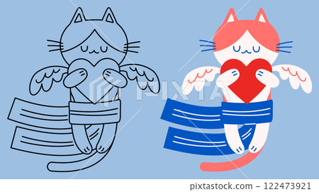 Cupid cat closing its eyes, hugging a heart Cupid cat closing its eyes, hugging a heart 122473921