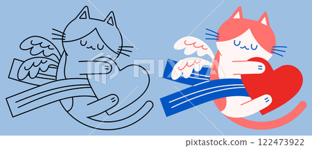 Cupid cat closing its eyes, hugging a heart sideways 122473922