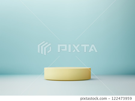 Minimalist 3D pale yellow podium on soft light blue background for product display, mockup, and showroom showcase 122473959