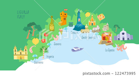 Map of Liguria, Italy. Sights and buildings. Traditional Mediterranean nature and food. Italy and tourism. Isolated illustration on white background. Map of Liguria, Italy. Sights and buildings. Traditional Mediterranean nature and food. Italy and tourism. Isolated illustration on white background. 122473995