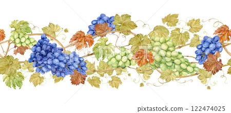 Seamless border of intertwined grape branches. Horizontal pattern of grapevine, foliage, blue and green berries. Watercolor illustration in retro style. Clipart for wine label design in retro style. 122474025