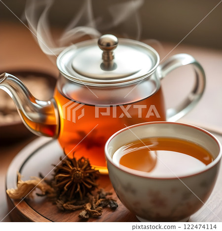 Steaming Tea with Aromatic Spices on a Wooden Tray 122474114